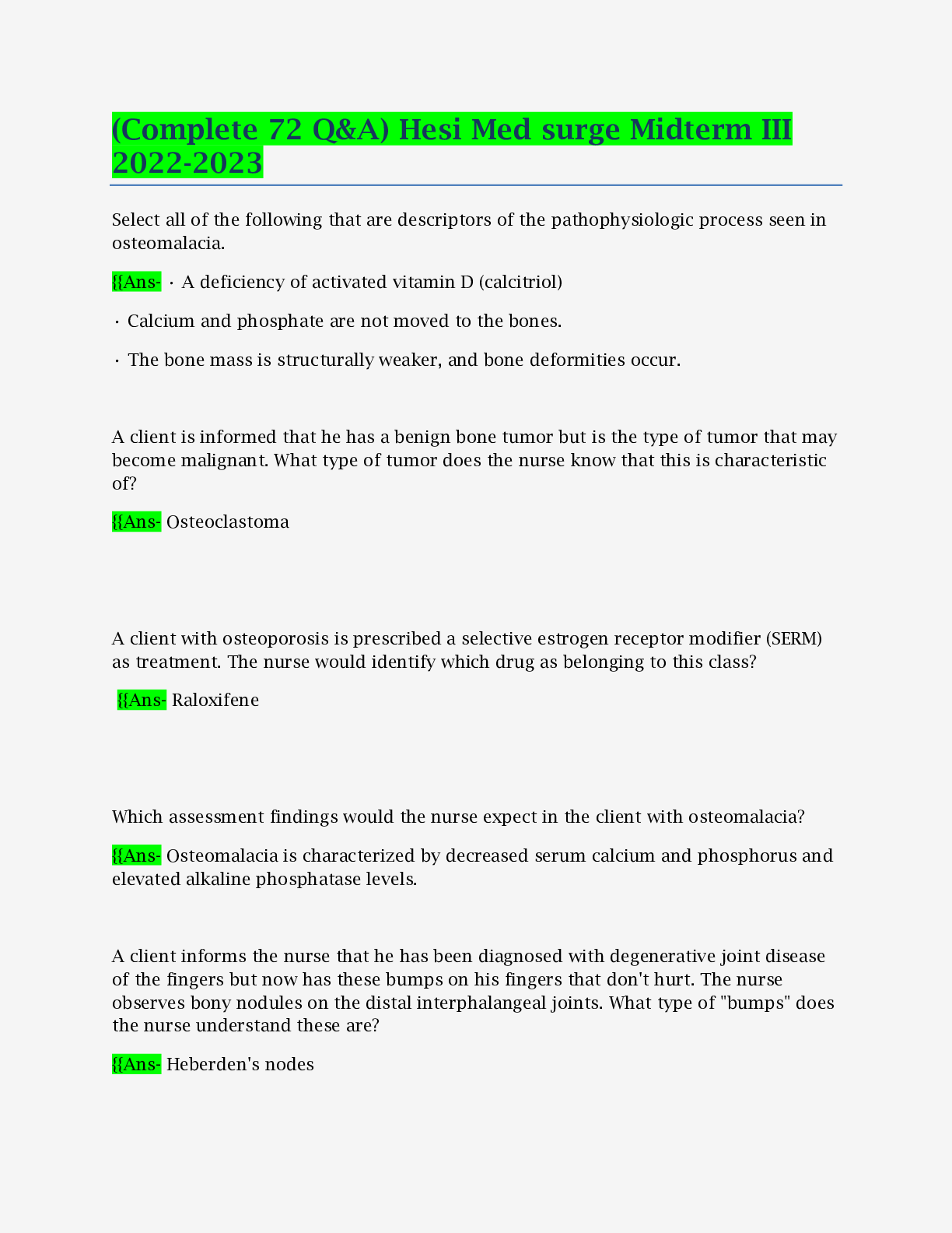 Preview of (Complete 72 Q&A) Hesi Med surge Midterm III 2022-2023